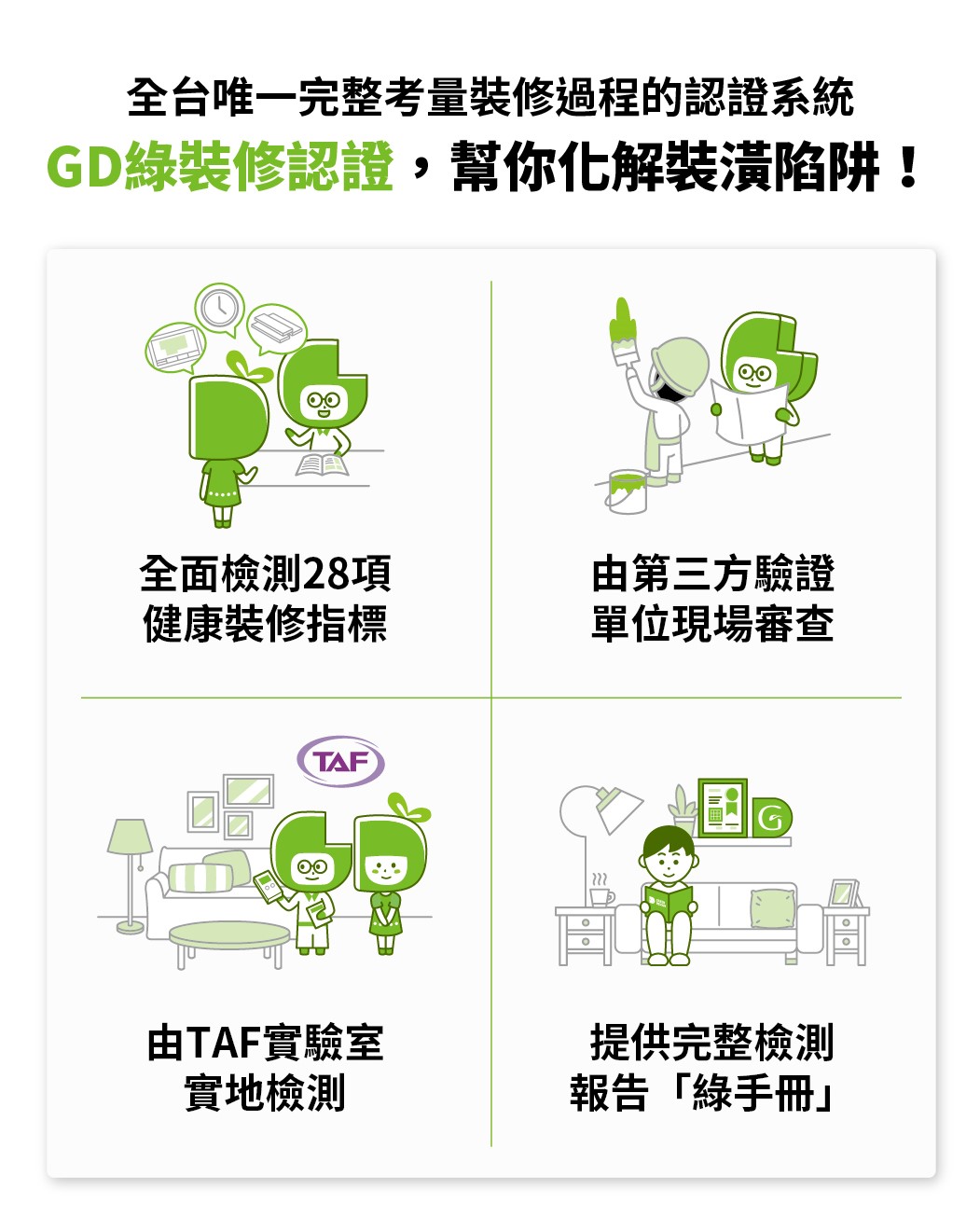 GD綠裝修認證，全台唯一完整考量裝修過程的認證系統，幫你化解裝潢陷阱